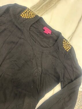 Black Crewneck Sweater with Gold Stud Shoulder Accents-L